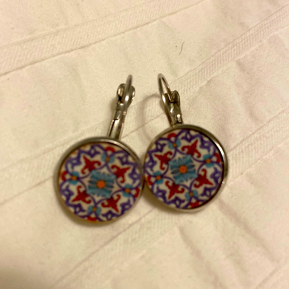 Mosaic earrings from Portugal, silver hoops with clasp